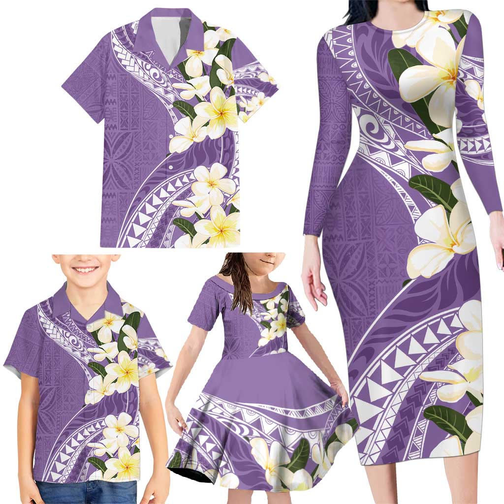 Aloha Hawaii Festive Family Matching Long Sleeve Bodycon Dress and Hawaiian Shirt Frangipani Lace Classic - Lavender LT7 - Polynesian Pride