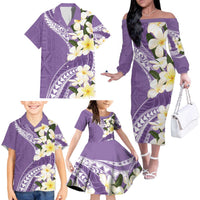 Aloha Hawaii Festive Family Matching Off The Shoulder Long Sleeve Dress and Hawaiian Shirt Frangipani Lace Classic - Lavender LT7 - Polynesian Pride