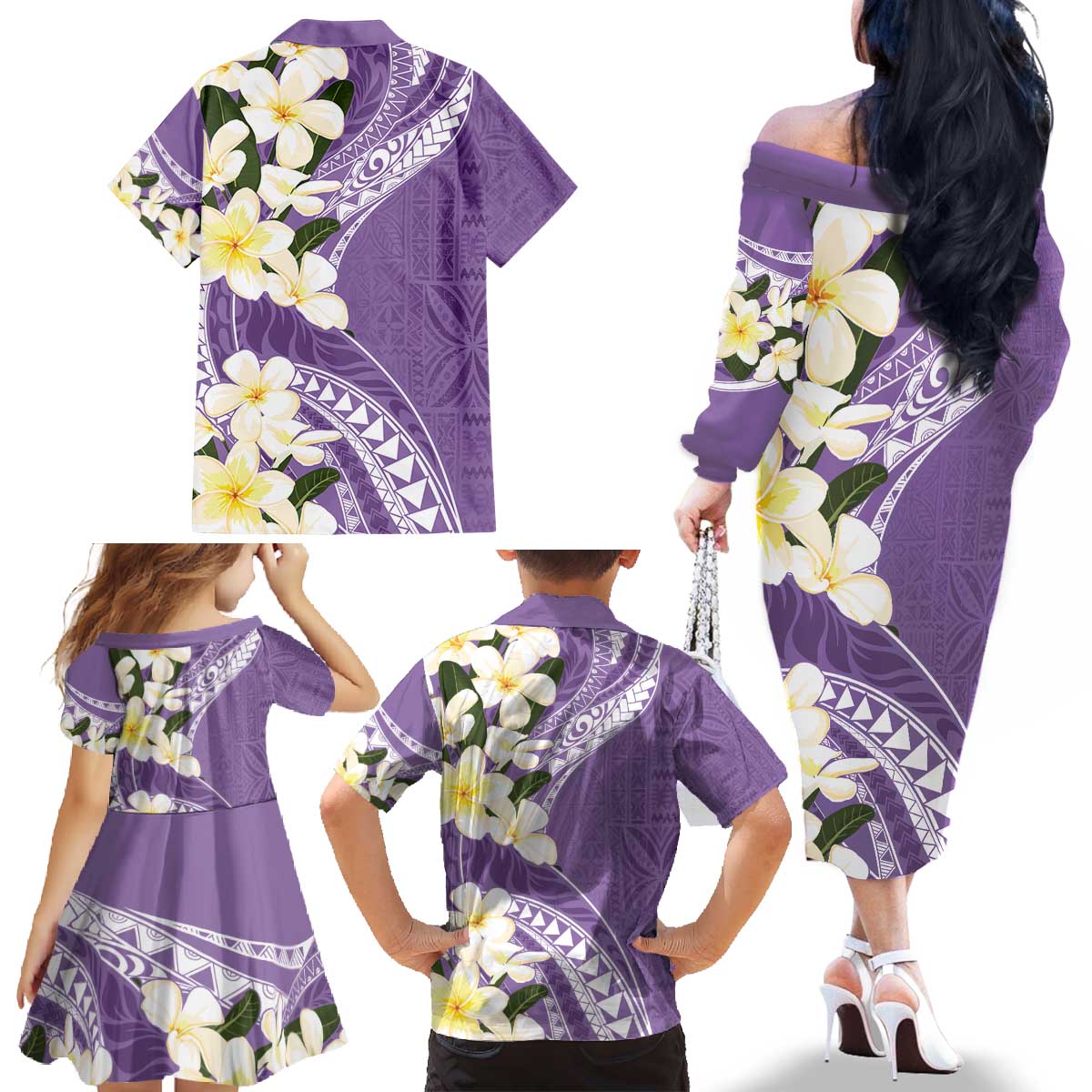 Aloha Hawaii Festive Family Matching Off The Shoulder Long Sleeve Dress and Hawaiian Shirt Frangipani Lace Classic - Lavender LT7 - Polynesian Pride