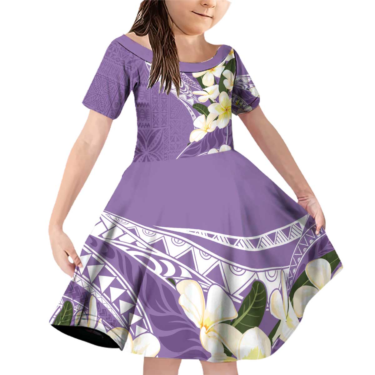 Aloha Hawaii Festive Family Matching Off Shoulder Short Dress and Hawaiian Shirt Frangipani Lace Classic - Lavender LT7 Daughter's Dress Lavender - Polynesian Pride