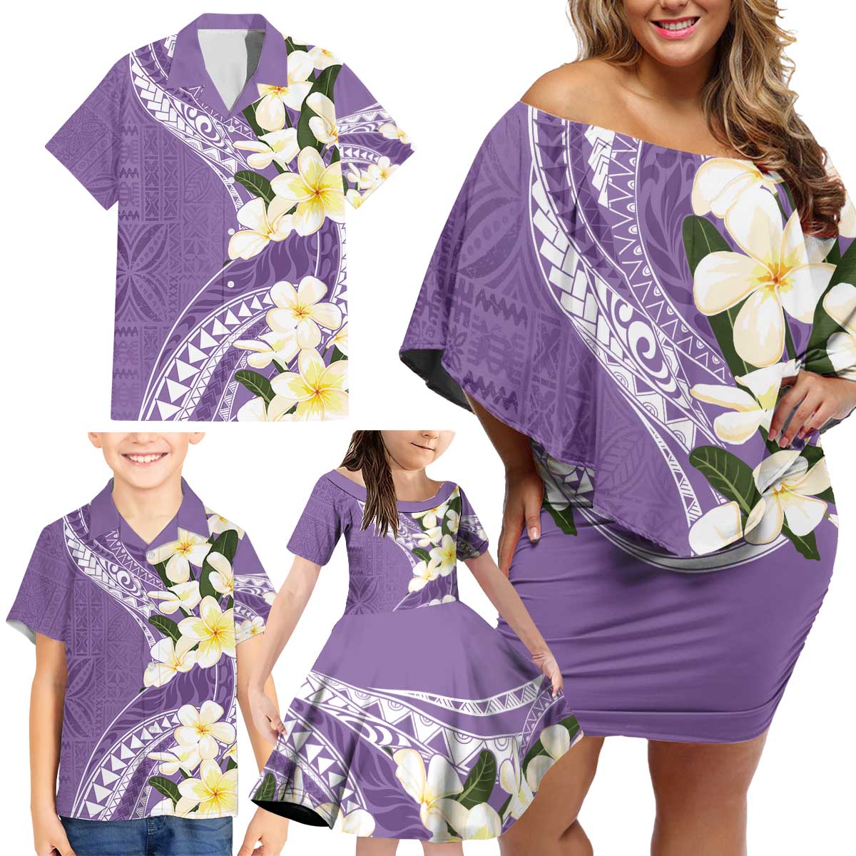 Aloha Hawaii Festive Family Matching Off Shoulder Short Dress and Hawaiian Shirt Frangipani Lace Classic - Lavender LT7 - Polynesian Pride