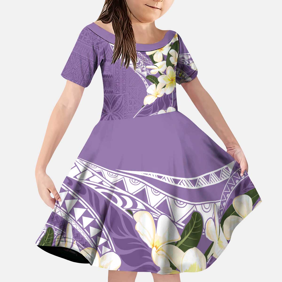 Aloha Hawaii Festive Family Matching Puletasi and Hawaiian Shirt Frangipani Lace Classic - Lavender LT7 Daughter's Dress Lavender - Polynesian Pride