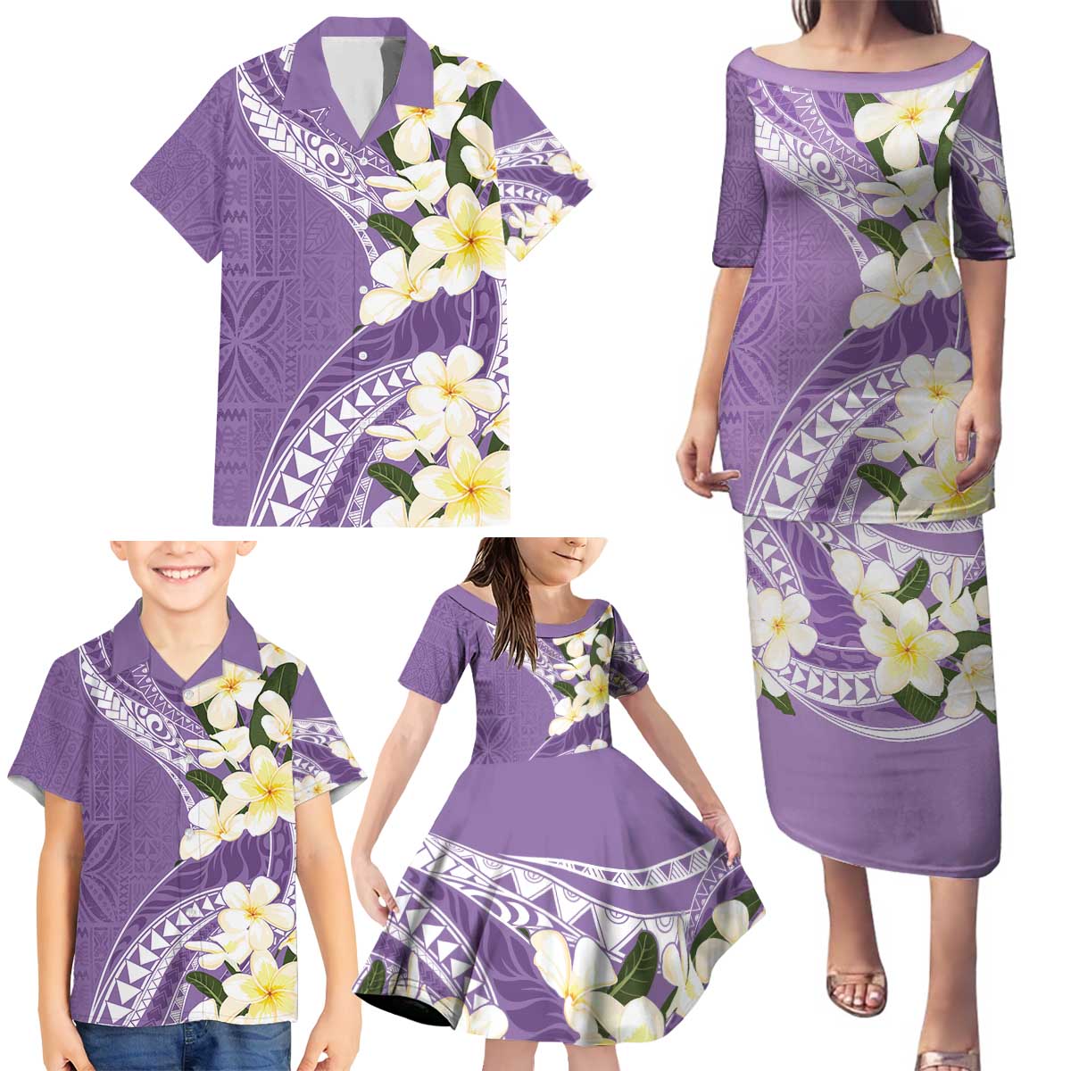 Aloha Hawaii Festive Family Matching Puletasi and Hawaiian Shirt Frangipani Lace Classic - Lavender LT7 - Polynesian Pride