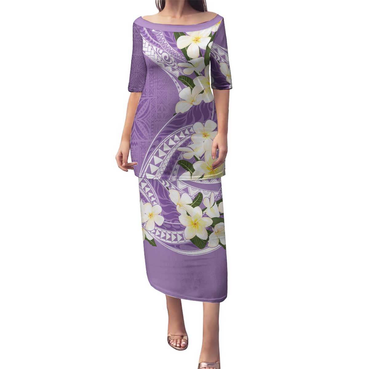 Aloha Hawaii Festive Family Matching Puletasi and Hawaiian Shirt Frangipani Lace Classic - Lavender LT7 Mom's Dress Lavender - Polynesian Pride
