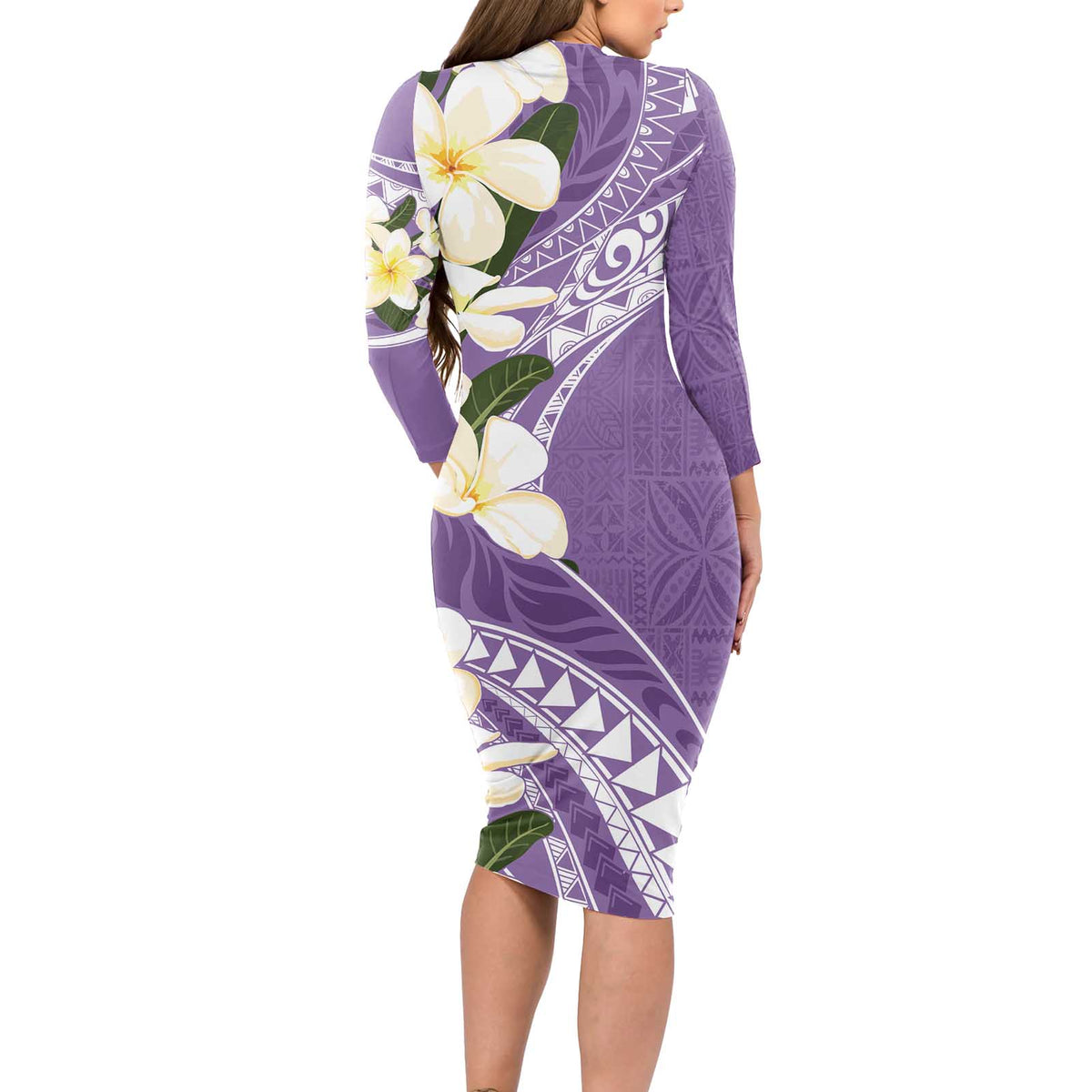 Aloha Hawaii Festive Long Sleeve Bodycon Dress Frangipani Lace Classic - Lavender