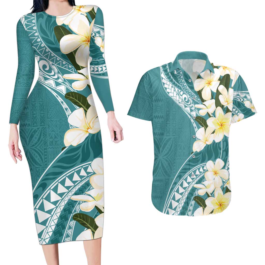 Aloha Hawaii Festive Couples Matching Long Sleeve Bodycon Dress and Hawaiian Shirt Frangipani Lace Classic - Teal LT7 Teal - Polynesian Pride
