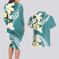 Aloha Hawaii Festive Couples Matching Long Sleeve Bodycon Dress and Hawaiian Shirt Frangipani Lace Classic - Teal LT7 - Polynesian Pride