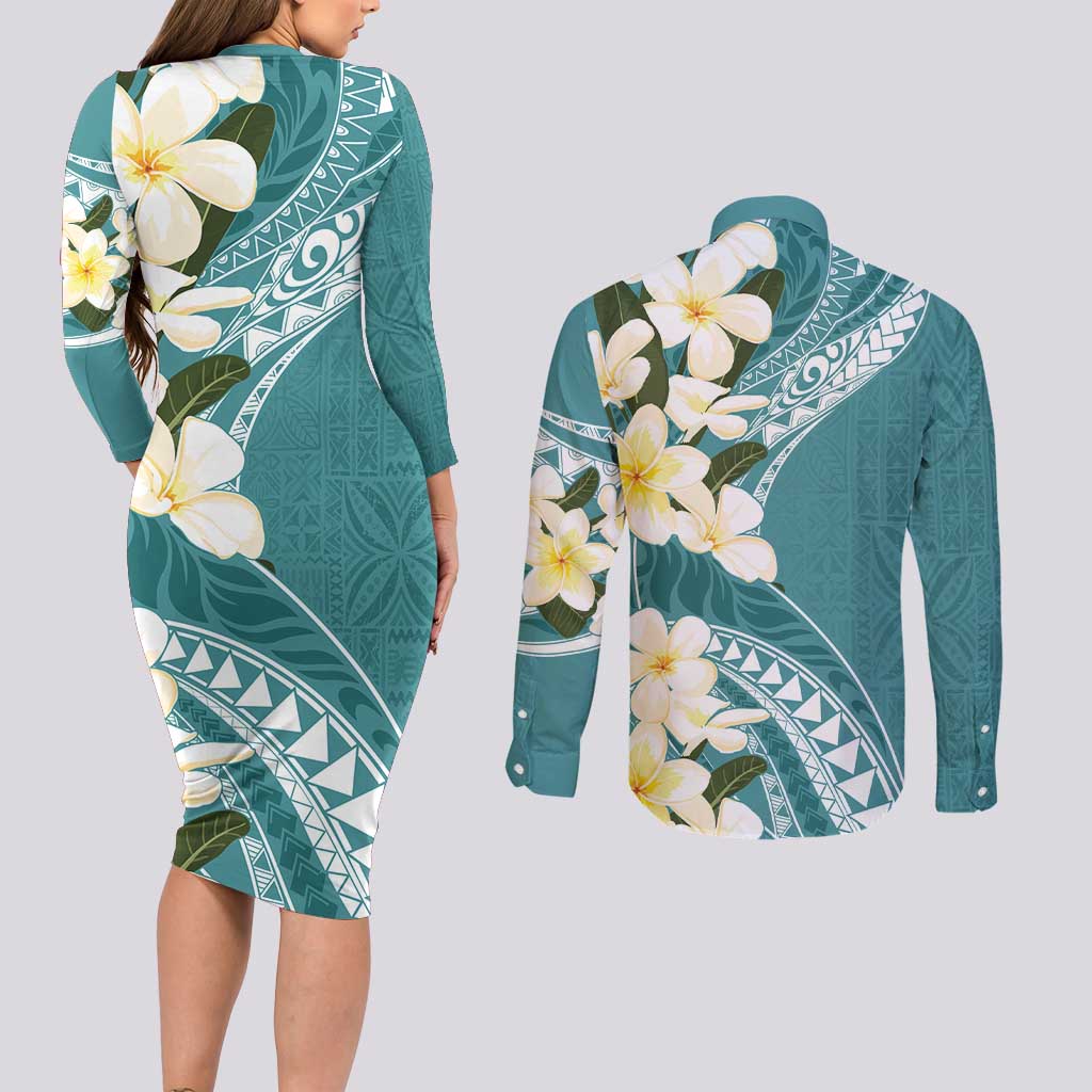 Aloha Hawaii Festive Couples Matching Long Sleeve Bodycon Dress and Long Sleeve Button Shirt Frangipani Lace Classic - Teal LT7 - Polynesian Pride