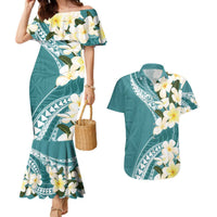 Aloha Hawaii Festive Couples Matching Mermaid Dress and Hawaiian Shirt Frangipani Lace Classic - Teal LT7 Teal - Polynesian Pride