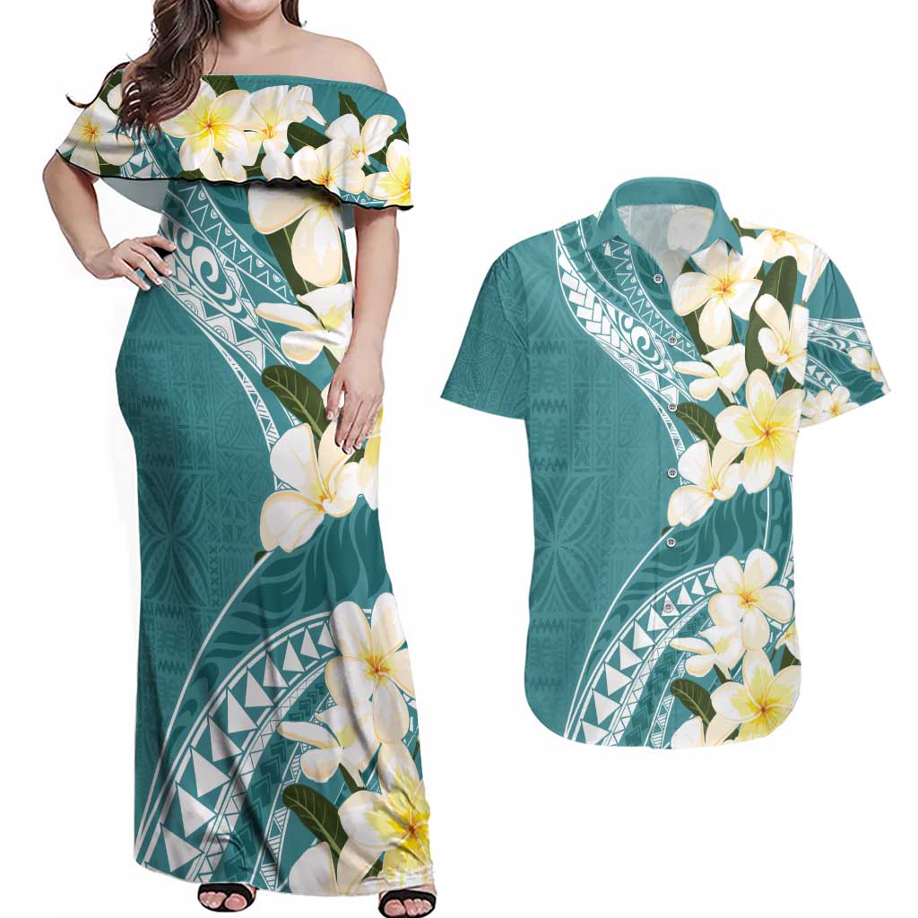 Aloha Hawaii Festive Couples Matching Off Shoulder Maxi Dress and Hawaiian Shirt Frangipani Lace Classic - Teal LT7 Teal - Polynesian Pride