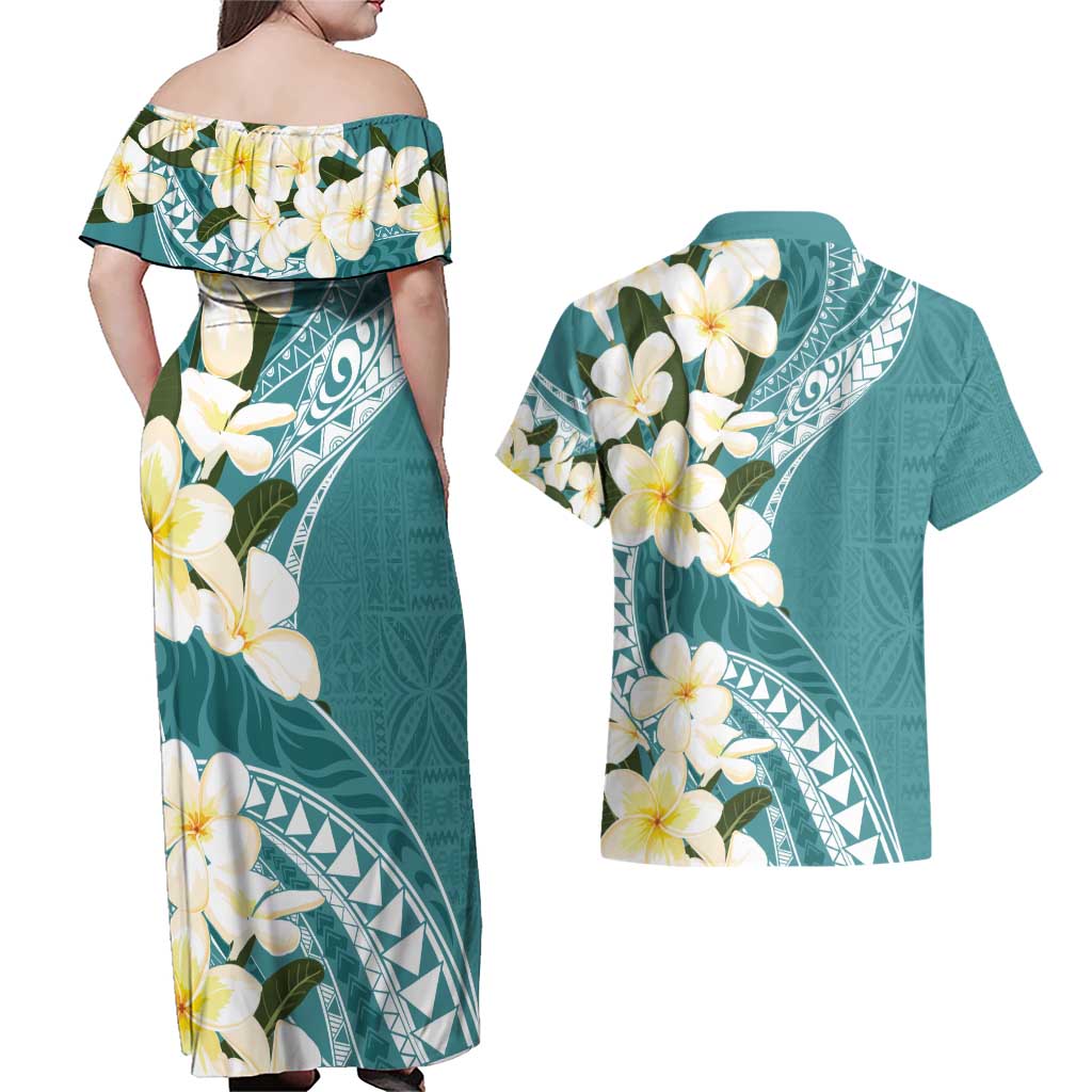 Aloha Hawaii Festive Couples Matching Off Shoulder Maxi Dress and Hawaiian Shirt Frangipani Lace Classic - Teal LT7 - Polynesian Pride