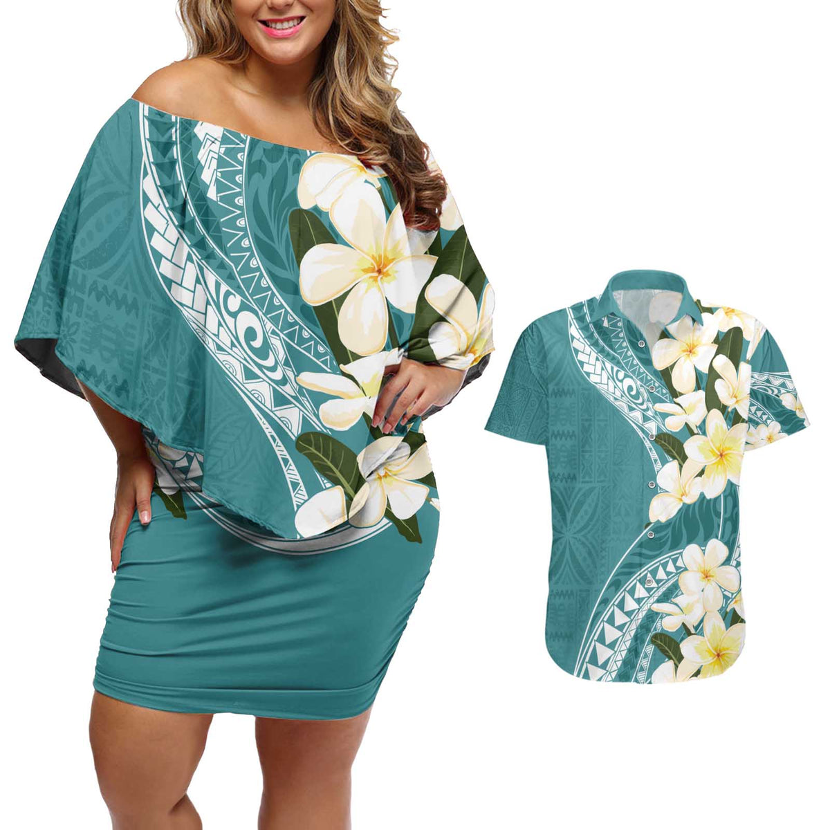 Aloha Hawaii Festive Couples Matching Off Shoulder Short Dress and Hawaiian Shirt Frangipani Lace Classic - Teal LT7 Teal - Polynesian Pride