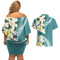 Aloha Hawaii Festive Couples Matching Off Shoulder Short Dress and Hawaiian Shirt Frangipani Lace Classic - Teal LT7 - Polynesian Pride