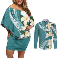 Aloha Hawaii Festive Couples Matching Off Shoulder Short Dress and Long Sleeve Button Shirt Frangipani Lace Classic - Teal LT7 Teal - Polynesian Pride