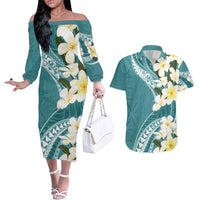 Aloha Hawaii Festive Couples Matching Off The Shoulder Long Sleeve Dress and Hawaiian Shirt Frangipani Lace Classic - Teal LT7 Teal - Polynesian Pride