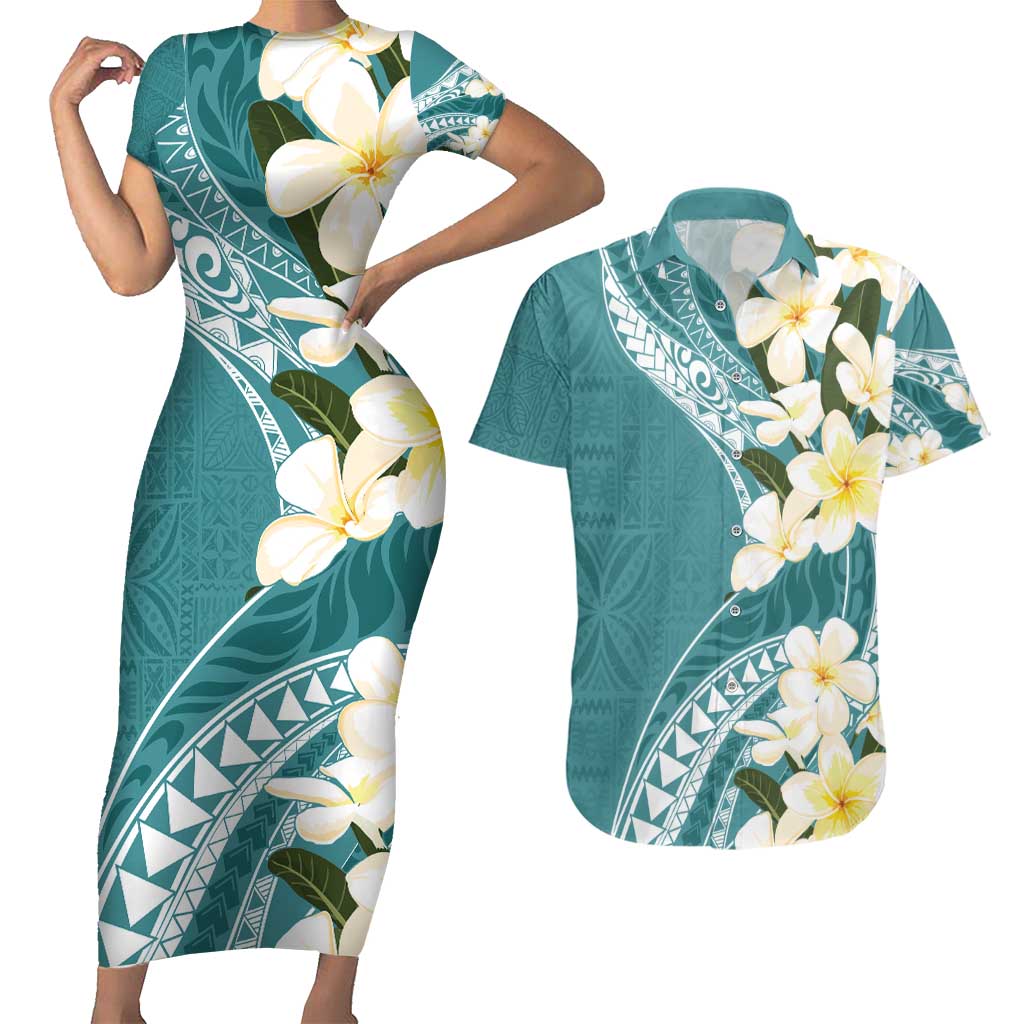 Aloha Hawaii Festive Couples Matching Short Sleeve Bodycon Dress and Hawaiian Shirt Frangipani Lace Classic - Teal LT7 Teal - Polynesian Pride