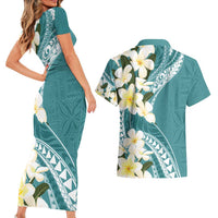 Aloha Hawaii Festive Couples Matching Short Sleeve Bodycon Dress and Hawaiian Shirt Frangipani Lace Classic - Teal LT7 - Polynesian Pride