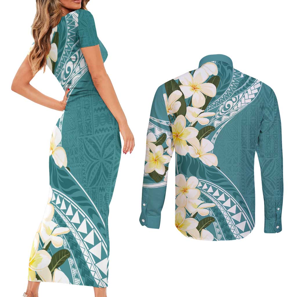 Aloha Hawaii Festive Couples Matching Short Sleeve Bodycon Dress and Long Sleeve Button Shirt Frangipani Lace Classic - Teal LT7 - Polynesian Pride