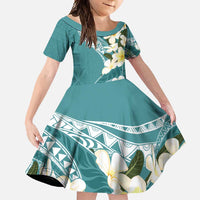 Aloha Hawaii Festive Family Matching Long Sleeve Bodycon Dress and Hawaiian Shirt Frangipani Lace Classic - Teal LT7 Daughter's Dress Teal - Polynesian Pride