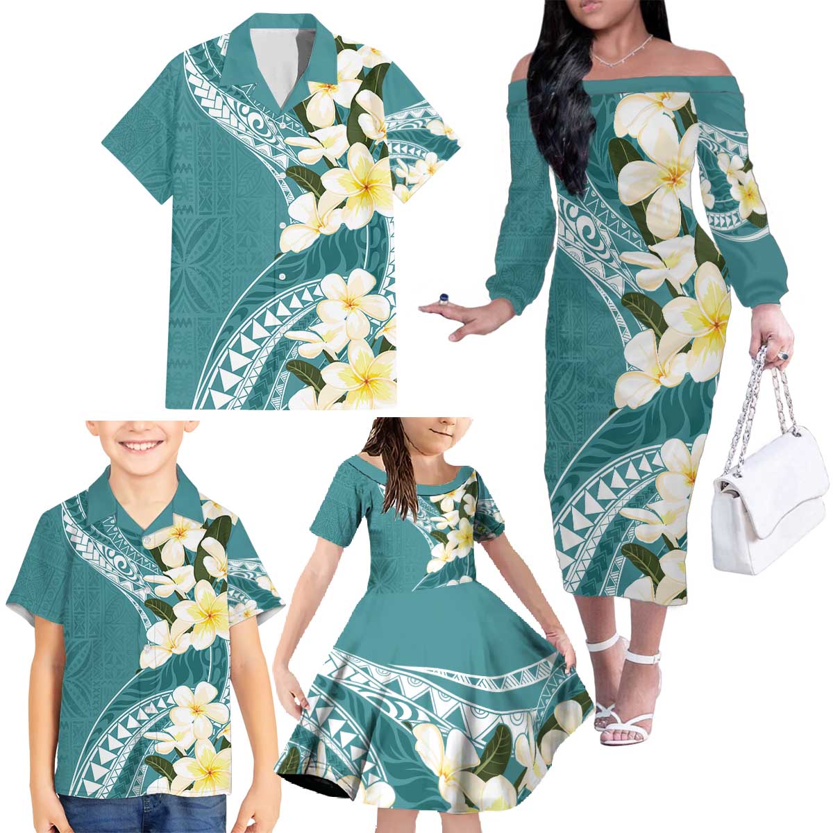 Aloha Hawaii Festive Family Matching Off The Shoulder Long Sleeve Dress and Hawaiian Shirt Frangipani Lace Classic - Teal LT7 - Polynesian Pride