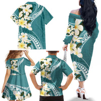 Aloha Hawaii Festive Family Matching Off The Shoulder Long Sleeve Dress and Hawaiian Shirt Frangipani Lace Classic - Teal LT7 - Polynesian Pride