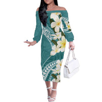 Aloha Hawaii Festive Family Matching Off The Shoulder Long Sleeve Dress and Hawaiian Shirt Frangipani Lace Classic - Teal LT7 Mom's Dress Teal - Polynesian Pride