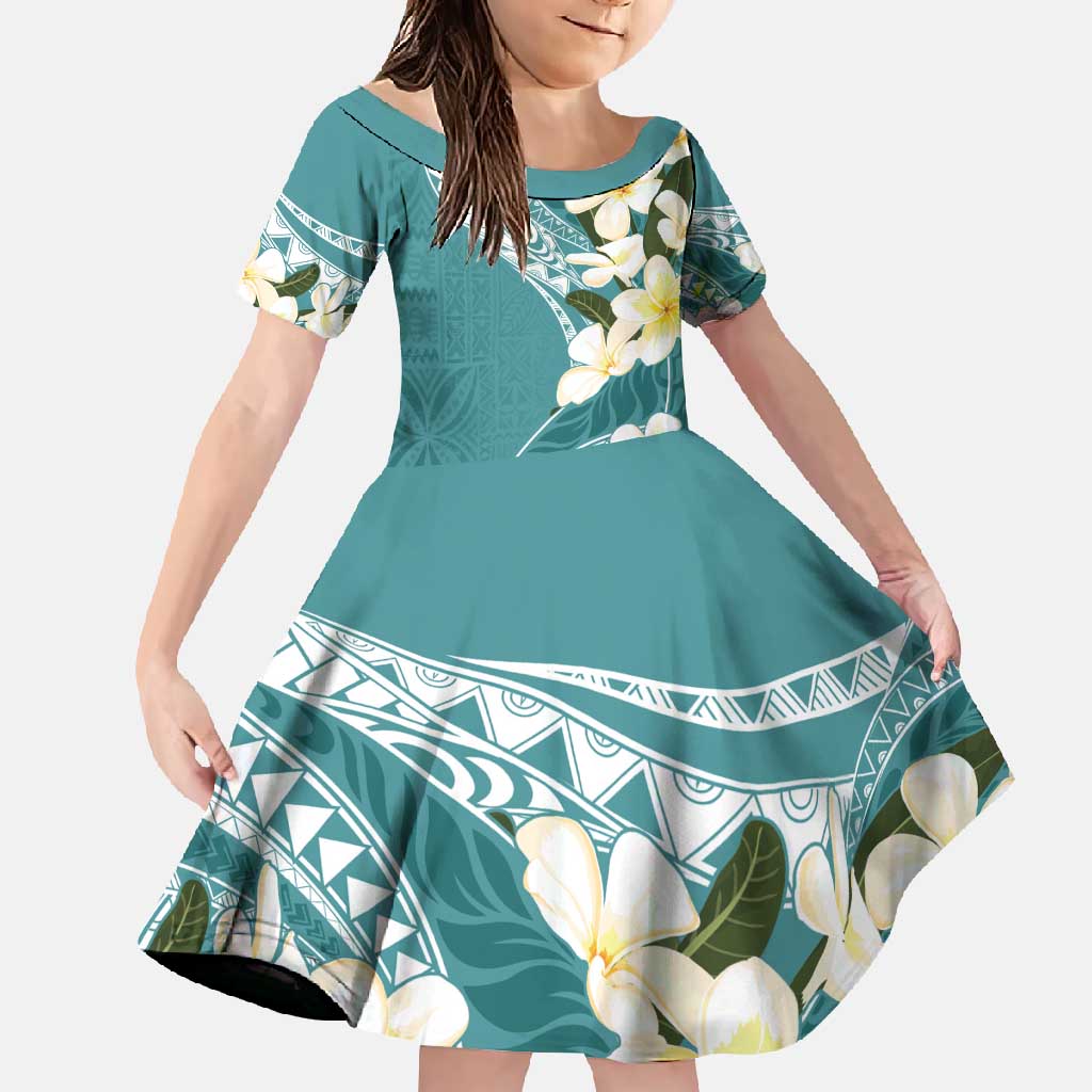 Aloha Hawaii Festive Family Matching Off Shoulder Maxi Dress and Hawaiian Shirt Frangipani Lace Classic - Teal LT7 Daughter's Dress Teal - Polynesian Pride