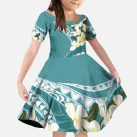 Aloha Hawaii Festive Family Matching Off Shoulder Maxi Dress and Hawaiian Shirt Frangipani Lace Classic - Teal LT7 Daughter's Dress Teal - Polynesian Pride