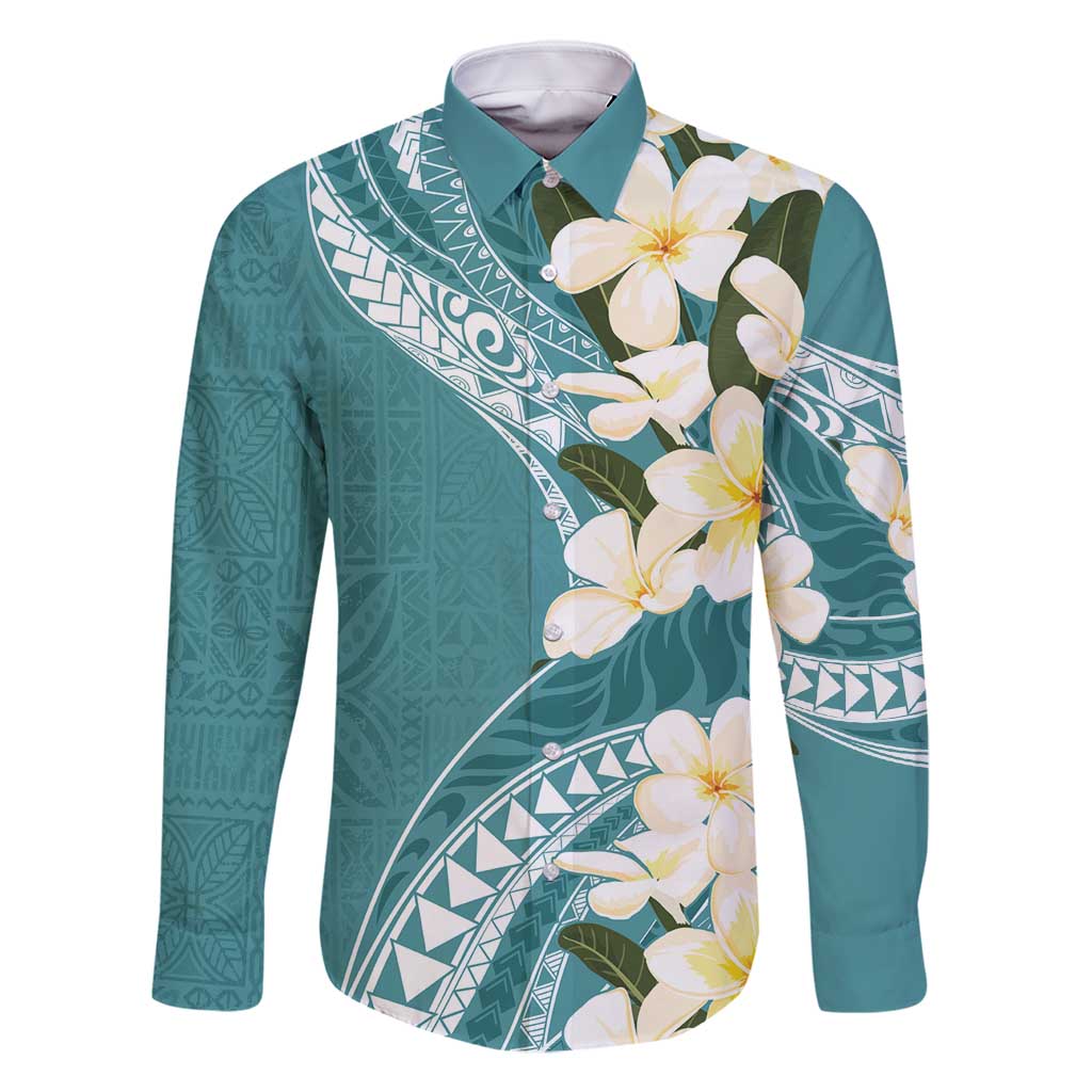 Aloha Hawaii Festive Family Matching Off Shoulder Maxi Dress and Hawaiian Shirt Frangipani Lace Classic - Teal LT7 Dad's Shirt - Long Sleeve Teal - Polynesian Pride