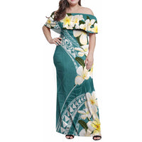 Aloha Hawaii Festive Family Matching Off Shoulder Maxi Dress and Hawaiian Shirt Frangipani Lace Classic - Teal LT7 Mom's Dress Teal - Polynesian Pride