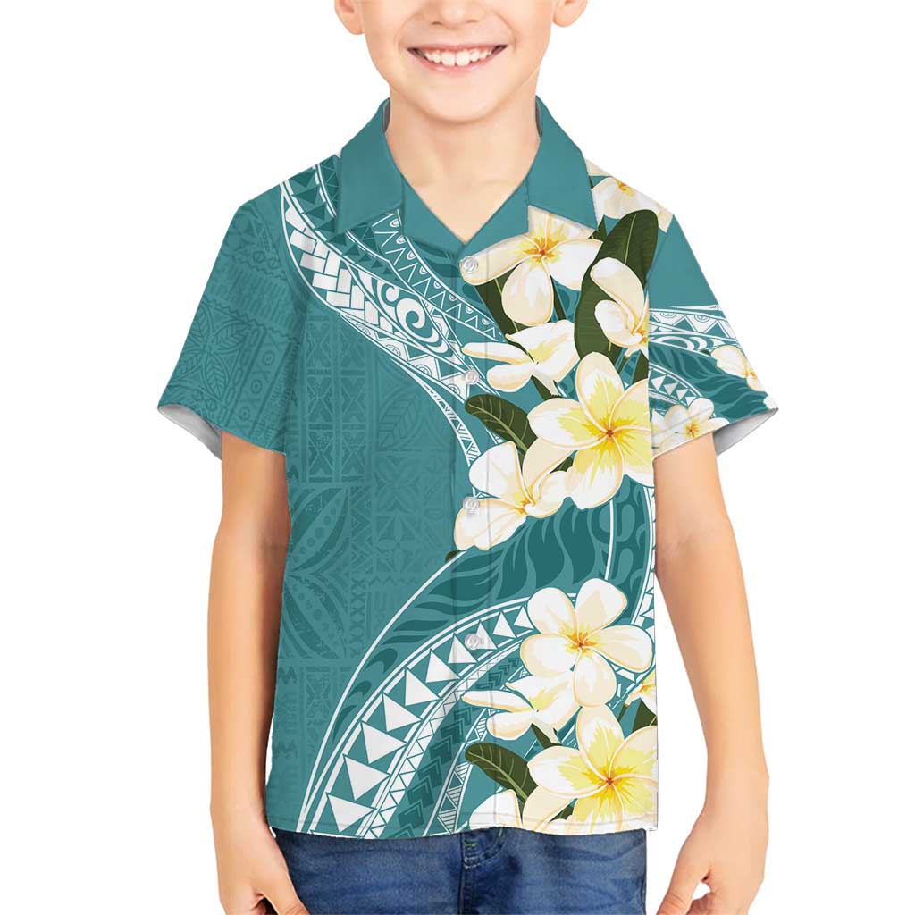 Aloha Hawaii Festive Family Matching Off Shoulder Maxi Dress and Hawaiian Shirt Frangipani Lace Classic - Teal LT7 Son's Shirt Teal - Polynesian Pride