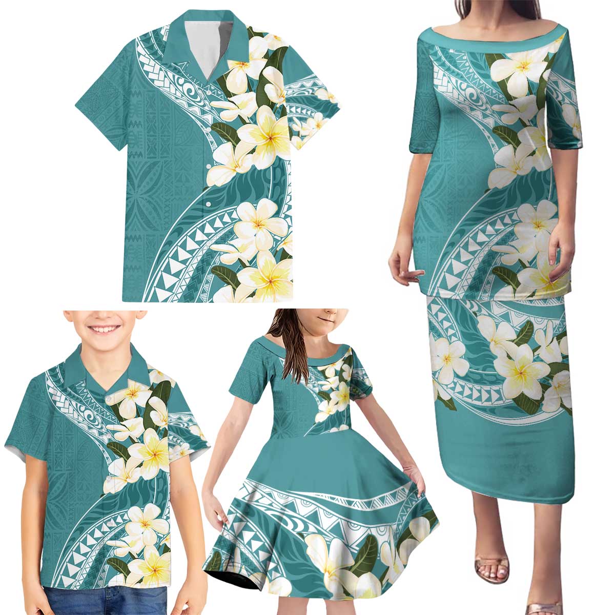 Aloha Hawaii Festive Family Matching Puletasi and Hawaiian Shirt Frangipani Lace Classic - Teal LT7 - Polynesian Pride