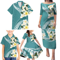 Aloha Hawaii Festive Family Matching Puletasi and Hawaiian Shirt Frangipani Lace Classic - Teal LT7 - Polynesian Pride