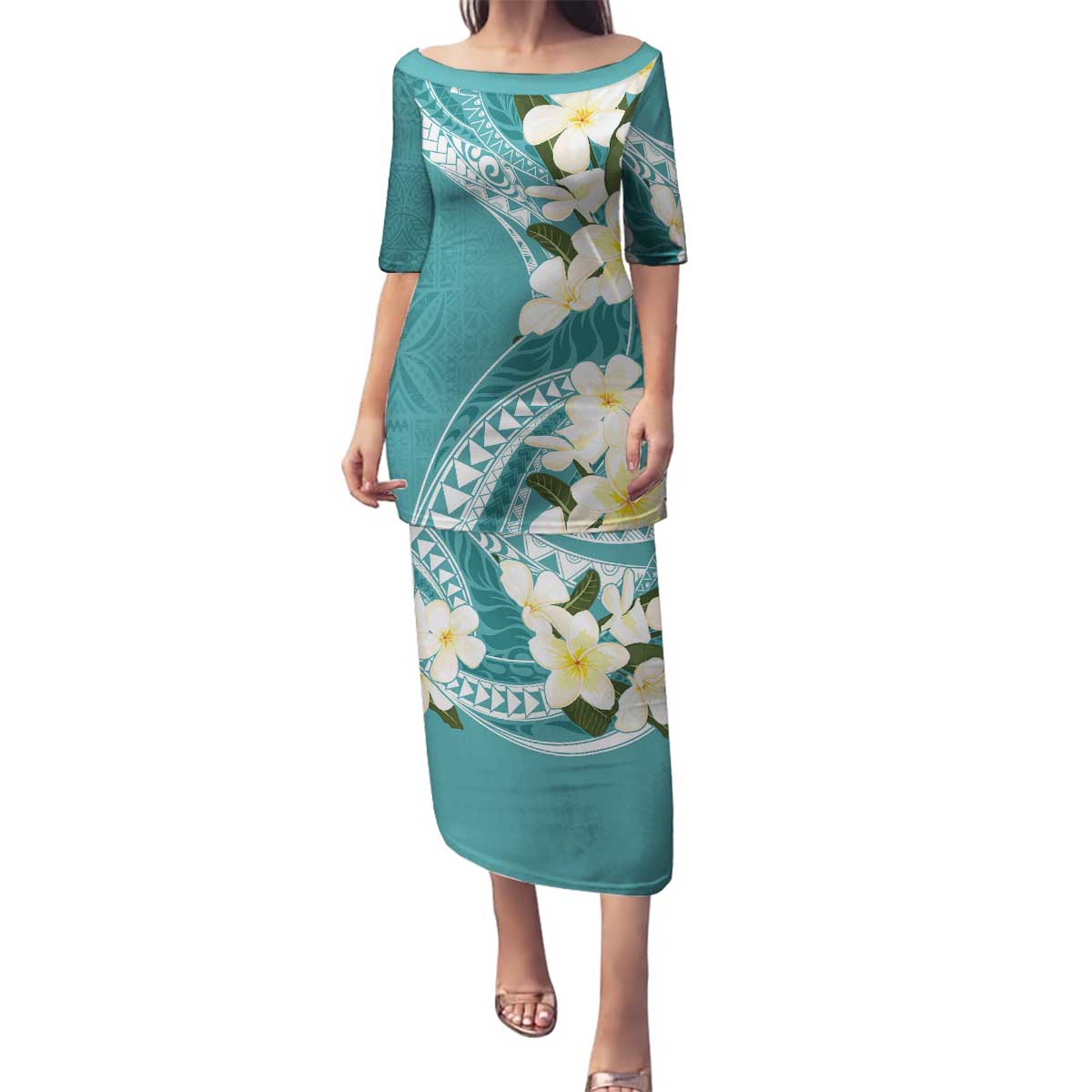 Aloha Hawaii Festive Family Matching Puletasi and Hawaiian Shirt Frangipani Lace Classic - Teal LT7 Mom's Dress Teal - Polynesian Pride