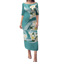 Aloha Hawaii Festive Family Matching Puletasi and Hawaiian Shirt Frangipani Lace Classic - Teal LT7 Mom's Dress Teal - Polynesian Pride