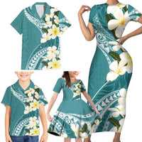 Aloha Hawaii Festive Family Matching Short Sleeve Bodycon Dress and Hawaiian Shirt Frangipani Lace Classic - Teal LT7 - Polynesian Pride