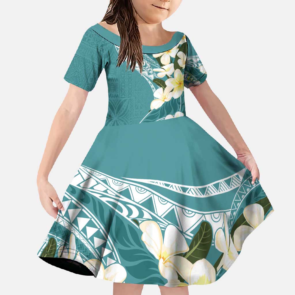 Aloha Hawaii Festive Family Matching Summer Maxi Dress and Hawaiian Shirt Frangipani Lace Classic - Teal LT7 Daughter's Dress Teal - Polynesian Pride
