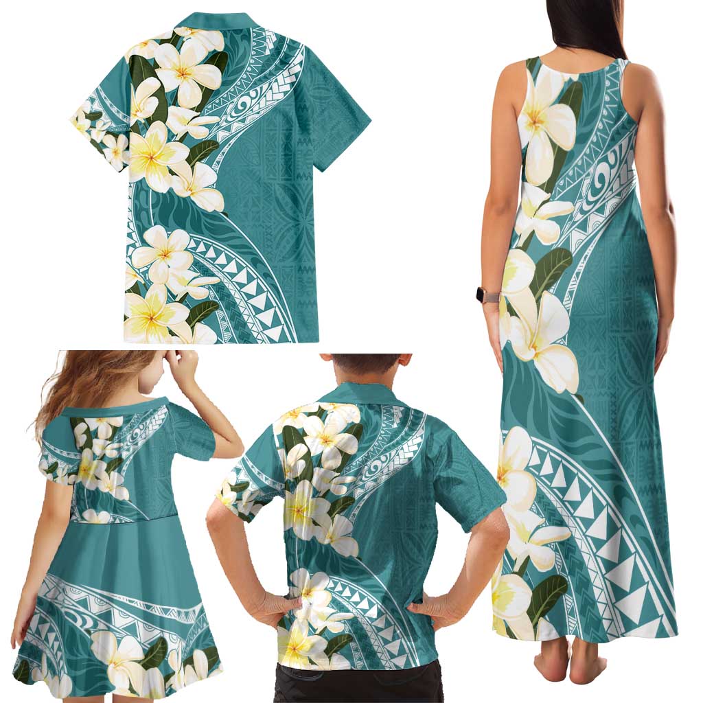 Aloha Hawaii Festive Family Matching Tank Maxi Dress and Hawaiian Shirt Frangipani Lace Classic - Teal LT7 - Polynesian Pride