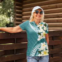 Aloha Hawaii Festive Women Polo Shirt Frangipani Lace Classic - Teal