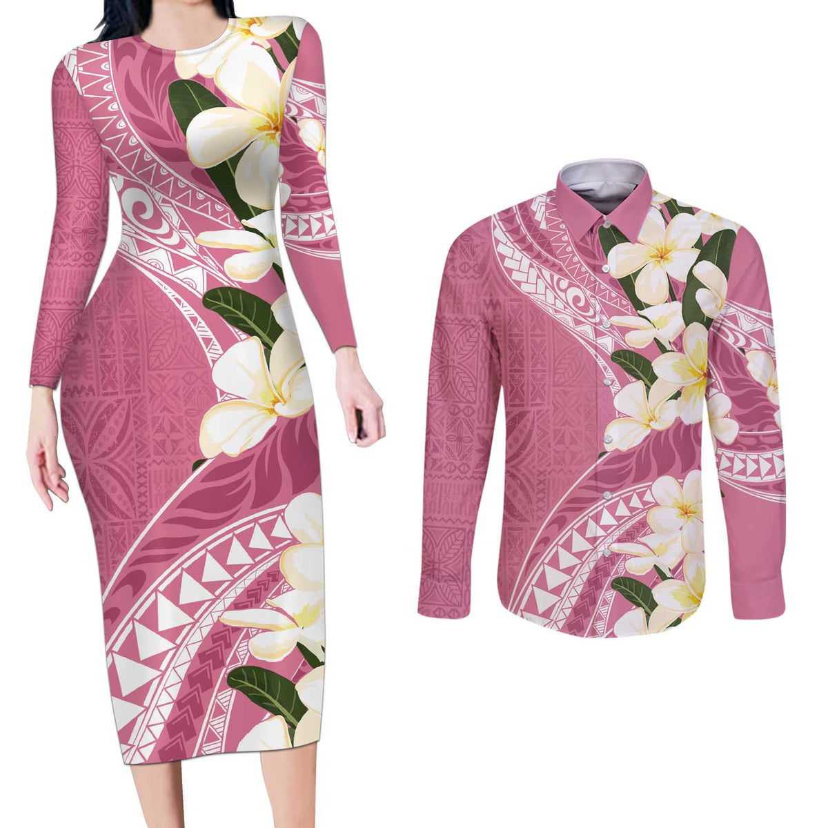 Aloha Hawaii Festive Couples Matching Long Sleeve Bodycon Dress and Long Sleeve Button Shirt Frangipani Lace Classic - Rosy LT7 Pink - Polynesian Pride