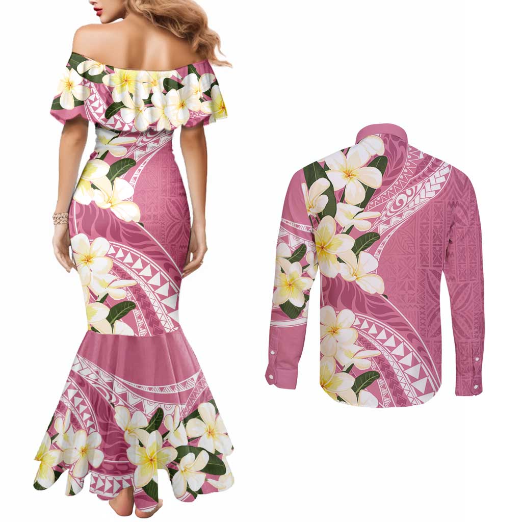 Aloha Hawaii Festive Couples Matching Mermaid Dress and Long Sleeve Button Shirt Frangipani Lace Classic - Rosy LT7 - Polynesian Pride