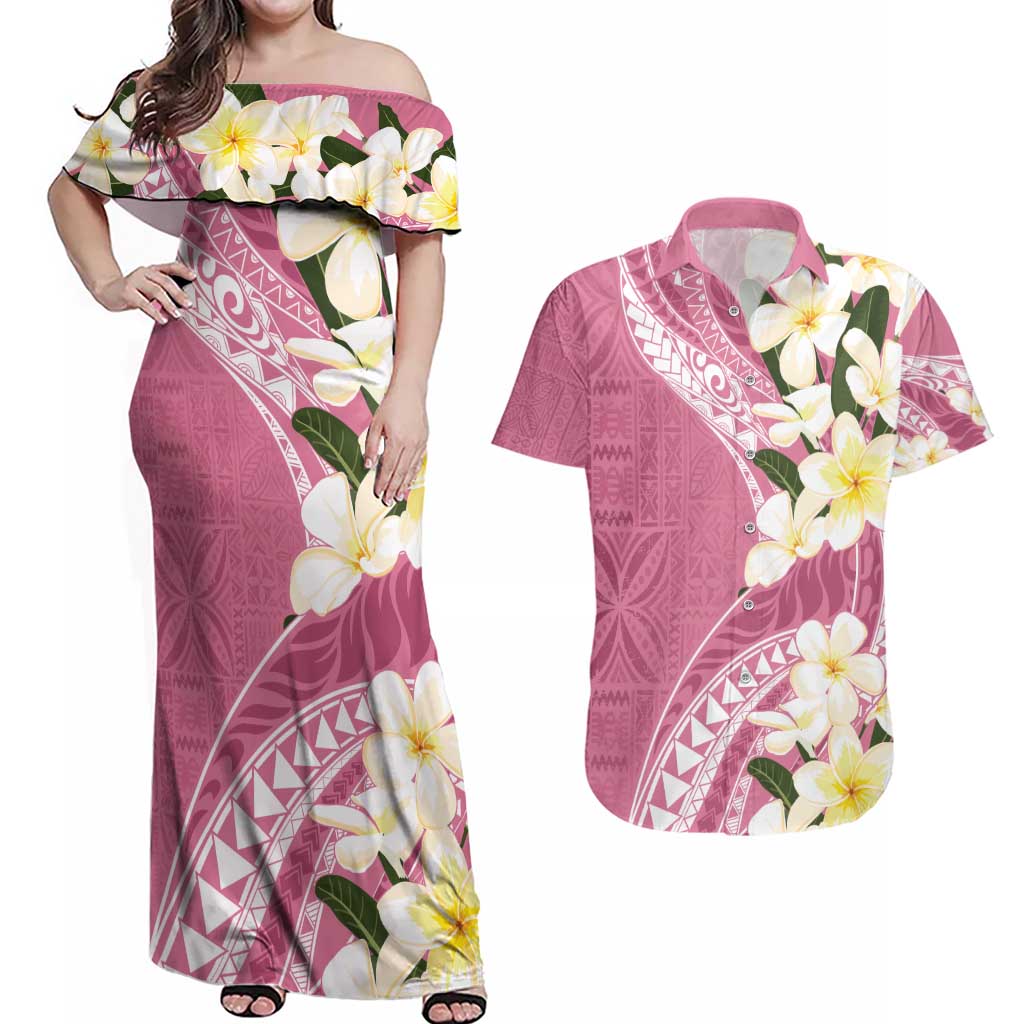 Aloha Hawaii Festive Couples Matching Off Shoulder Maxi Dress and Hawaiian Shirt Frangipani Lace Classic - Rosy LT7 Pink - Polynesian Pride