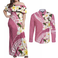 Aloha Hawaii Festive Couples Matching Off Shoulder Maxi Dress and Long Sleeve Button Shirt Frangipani Lace Classic - Rosy LT7 Pink - Polynesian Pride