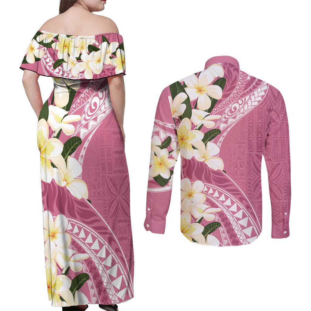 Aloha Hawaii Festive Couples Matching Off Shoulder Maxi Dress and Long Sleeve Button Shirt Frangipani Lace Classic - Rosy LT7 - Polynesian Pride
