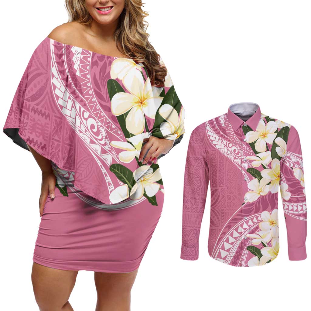 Aloha Hawaii Festive Couples Matching Off Shoulder Short Dress and Long Sleeve Button Shirt Frangipani Lace Classic - Rosy LT7 Pink - Polynesian Pride