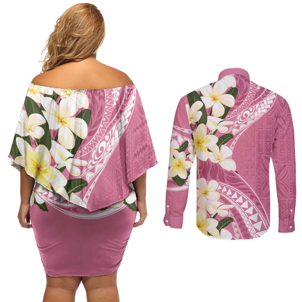 Aloha Hawaii Festive Couples Matching Off Shoulder Short Dress and Long Sleeve Button Shirt Frangipani Lace Classic - Rosy LT7 - Polynesian Pride