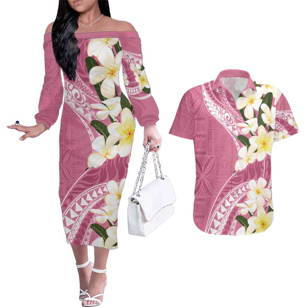 Aloha Hawaii Festive Couples Matching Off The Shoulder Long Sleeve Dress and Hawaiian Shirt Frangipani Lace Classic - Rosy LT7 Pink - Polynesian Pride