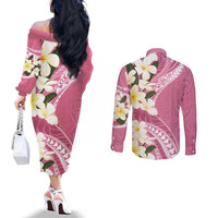 Aloha Hawaii Festive Couples Matching Off The Shoulder Long Sleeve Dress and Long Sleeve Button Shirt Frangipani Lace Classic - Rosy LT7 - Polynesian Pride
