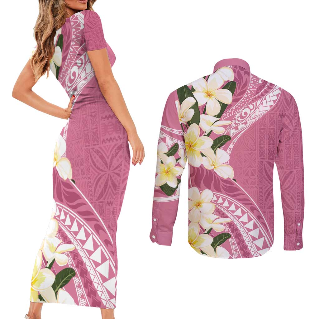 Aloha Hawaii Festive Couples Matching Short Sleeve Bodycon Dress and Long Sleeve Button Shirt Frangipani Lace Classic - Rosy LT7 - Polynesian Pride
