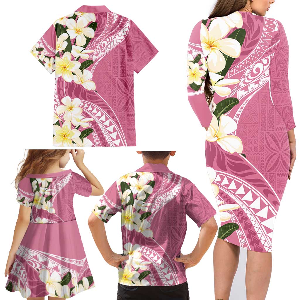 Aloha Hawaii Festive Family Matching Long Sleeve Bodycon Dress and Hawaiian Shirt Frangipani Lace Classic - Rosy LT7 - Polynesian Pride